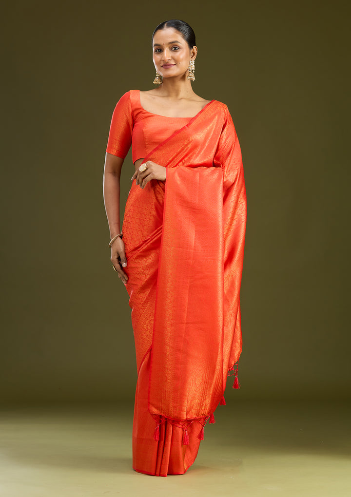 Orange Zariwork (Gold) Silk Silk Saree