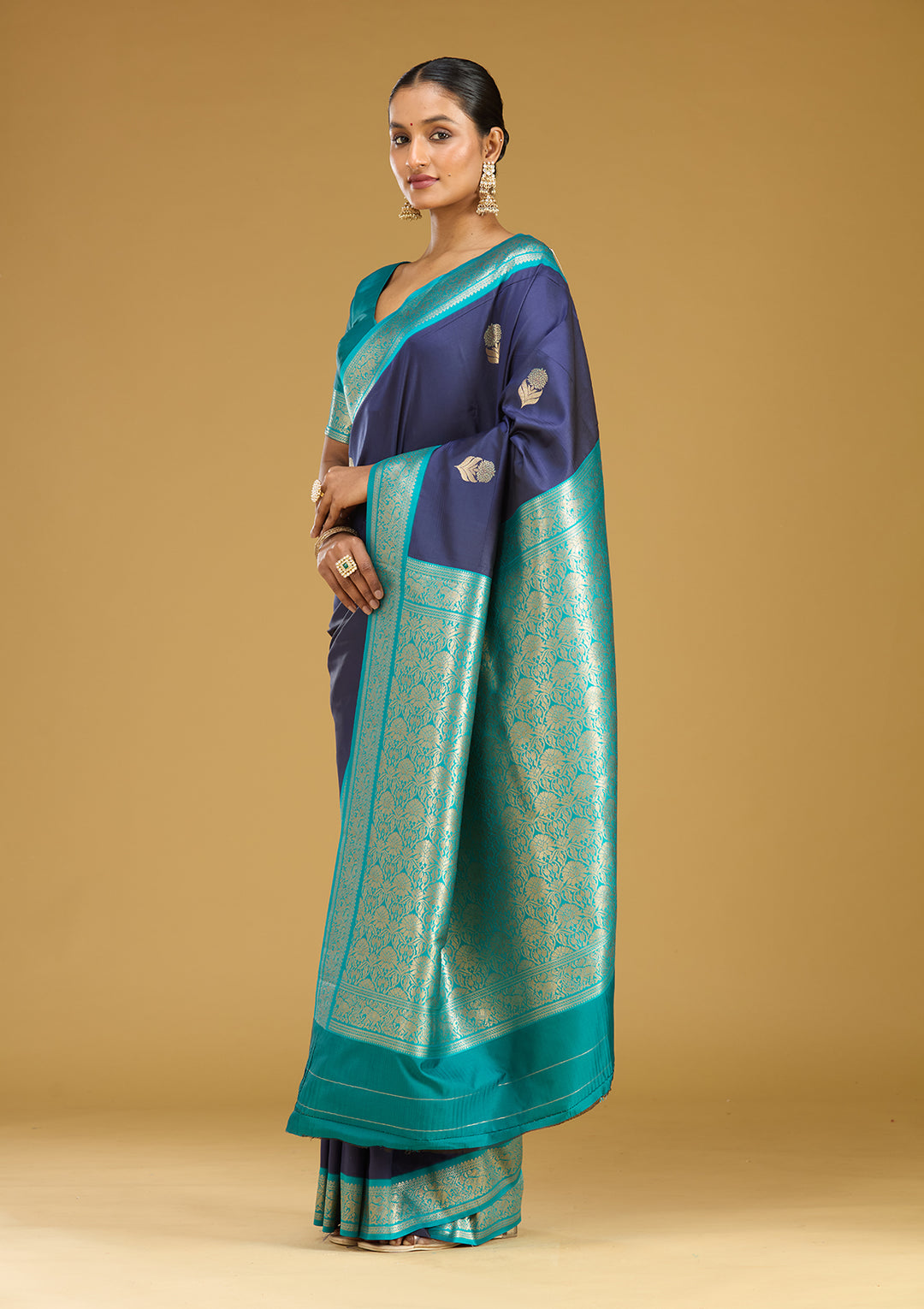 Navy Blue Zariwork (Gold) Silk Silk Saree