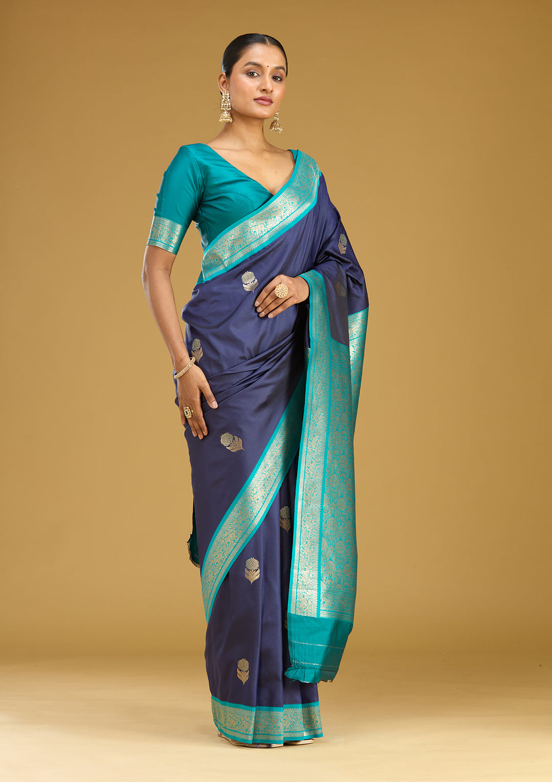 Navy Blue Zariwork (Gold) Silk Silk Saree