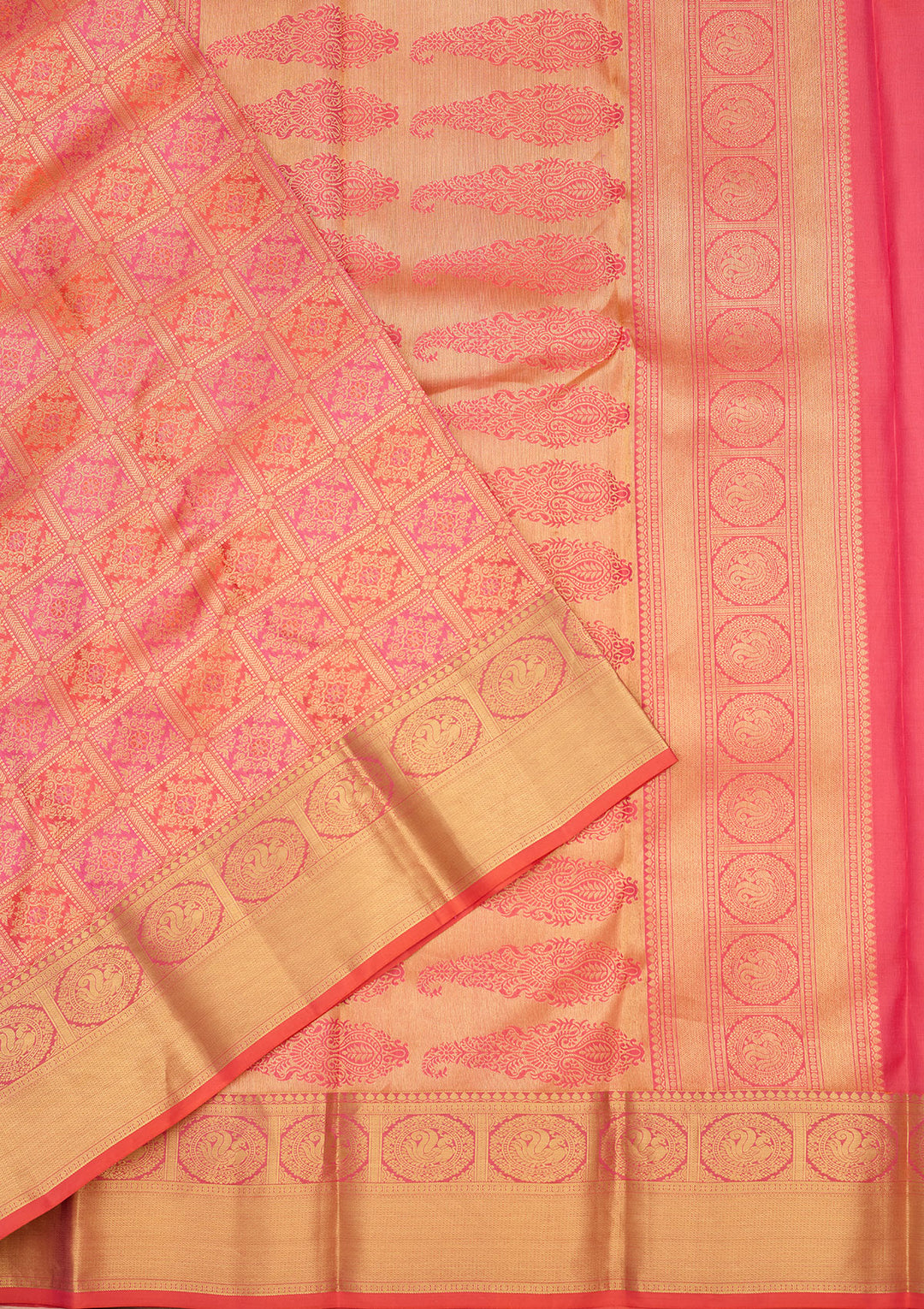 Peach Zariwork (Gold) Silk Silk Saree
