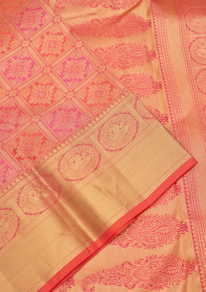 Peach Zariwork (Gold) Silk Silk Saree