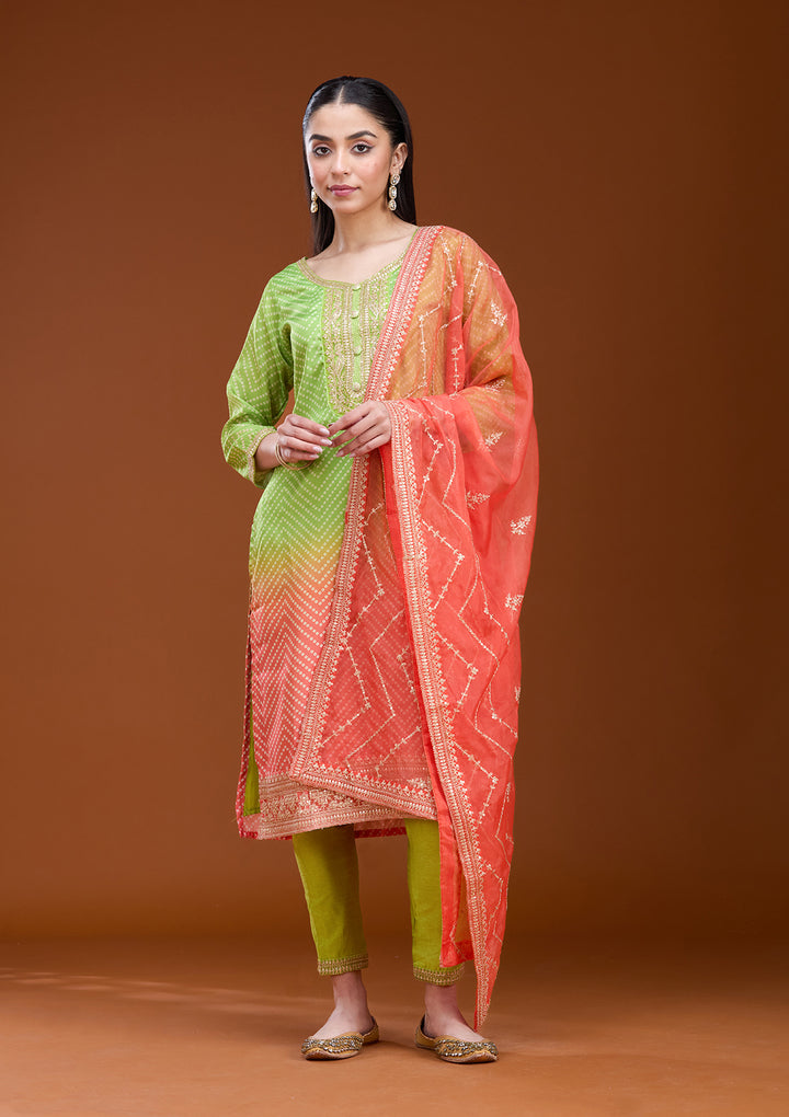 Parrot Green Sequins Soft Raw Silk Readymade Salwar Suit