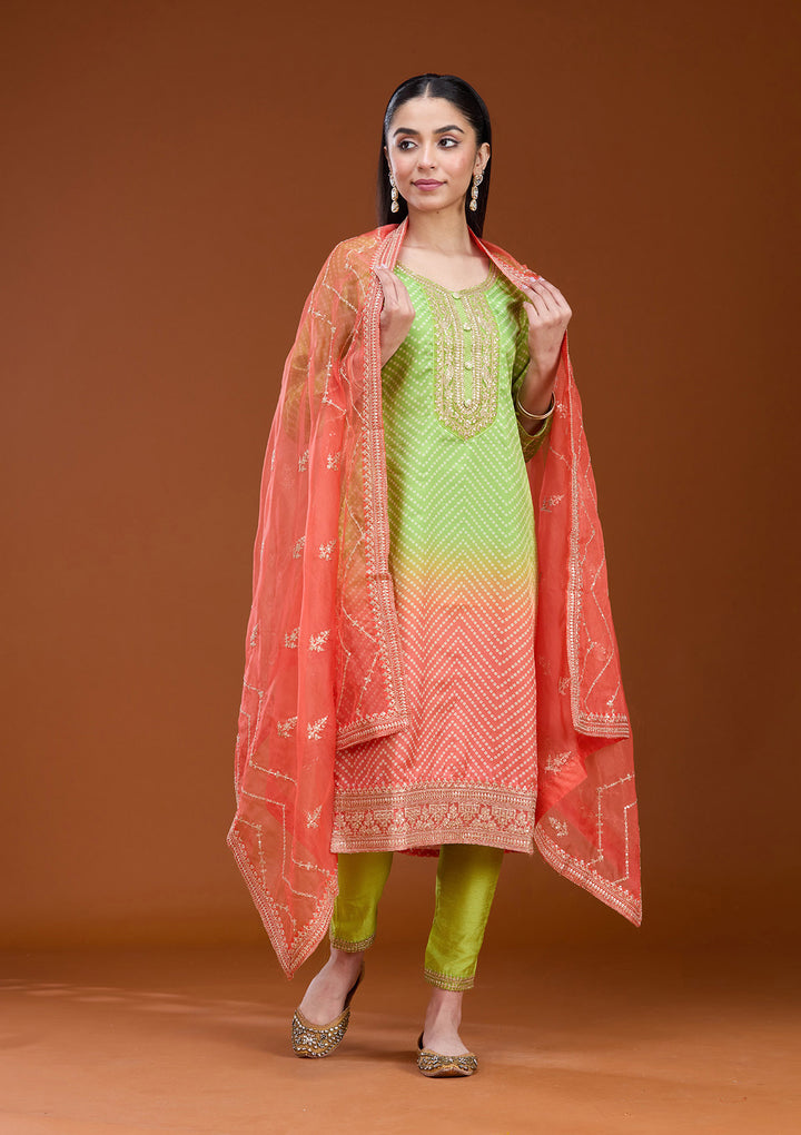 Parrot Green Sequins Soft Raw Silk Readymade Salwar Suit