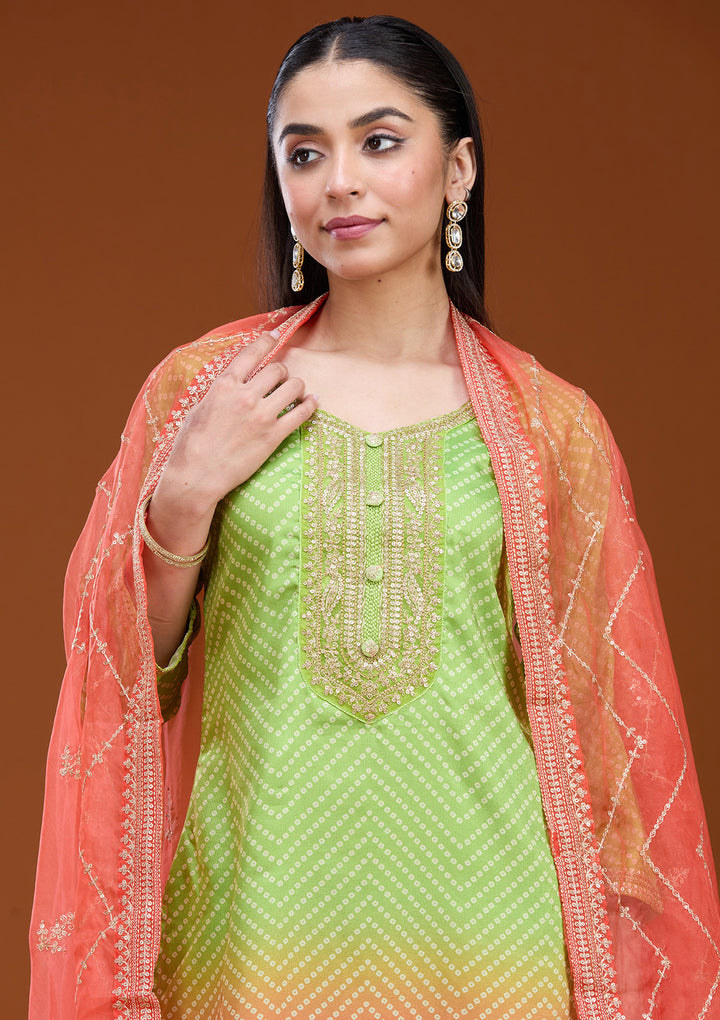 Parrot Green Sequins Soft Raw Silk Readymade Salwar Suit