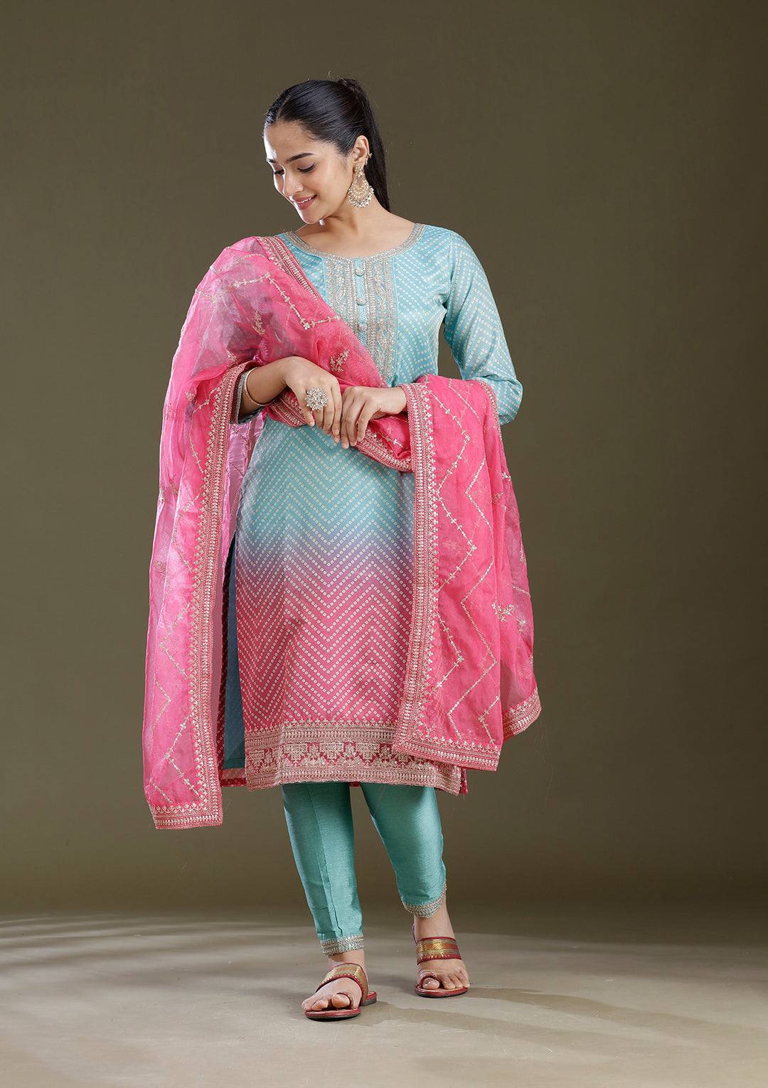 Sky Blue Sequins Soft Raw Silk Readymade Salwar Suit