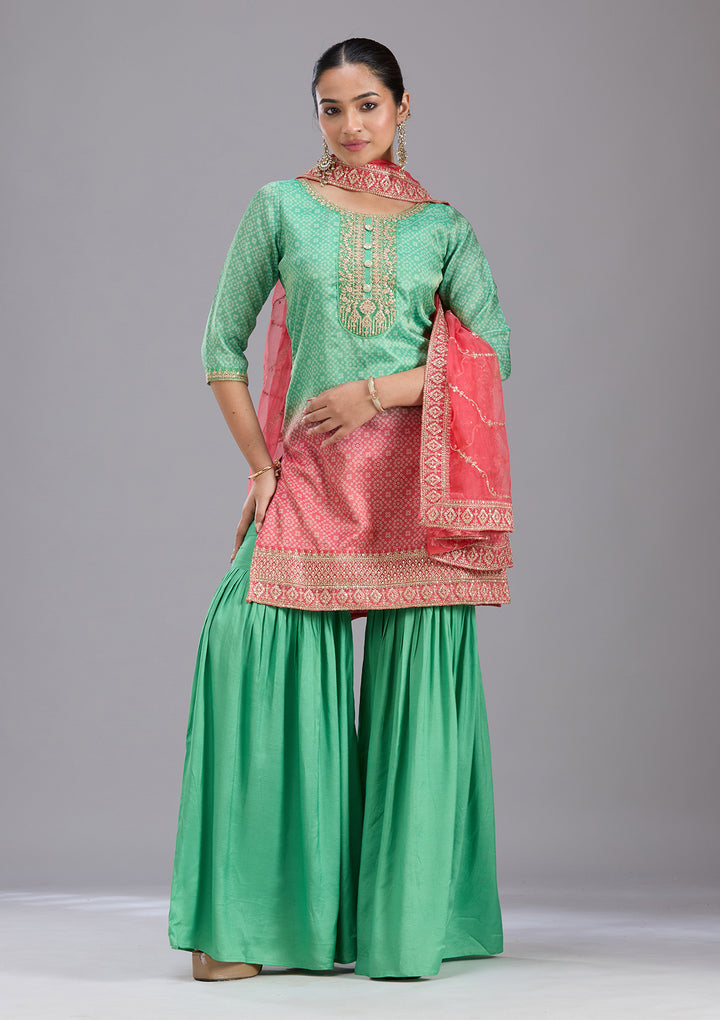 Parrot Green Sequins Soft Raw Silk Readymade Salwar Suit