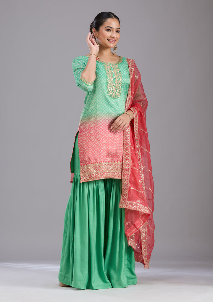 Parrot Green Sequins Soft Raw Silk Readymade Salwar Suit