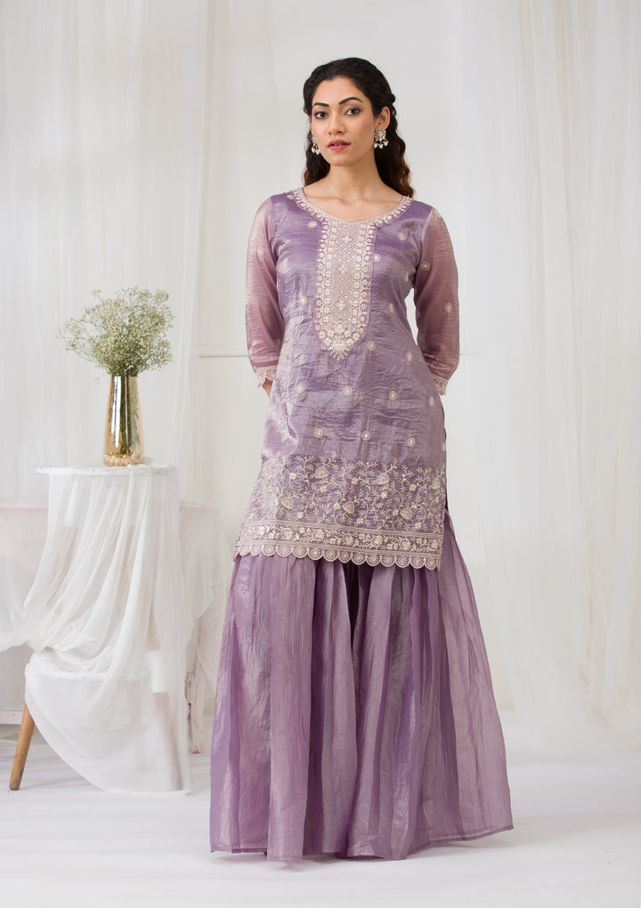 Lavender Threadwork Semi Crepe Readymade Salwar Suit