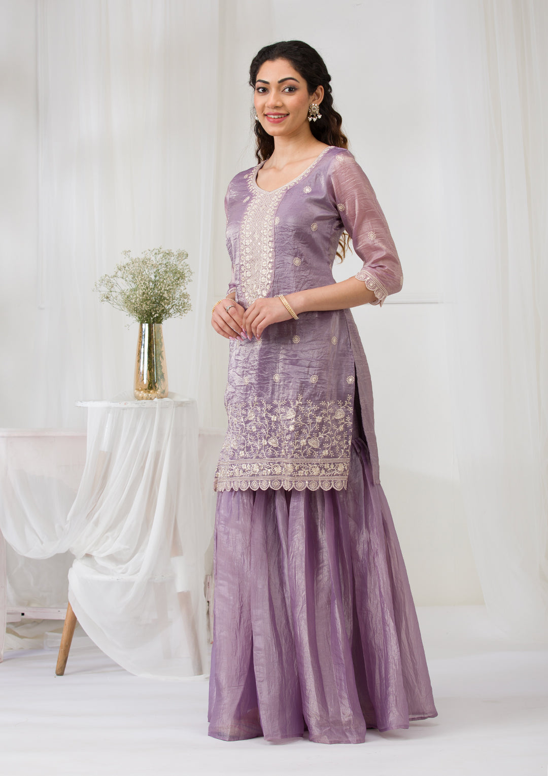 Lavender Threadwork Semi Crepe Readymade Salwar Suit