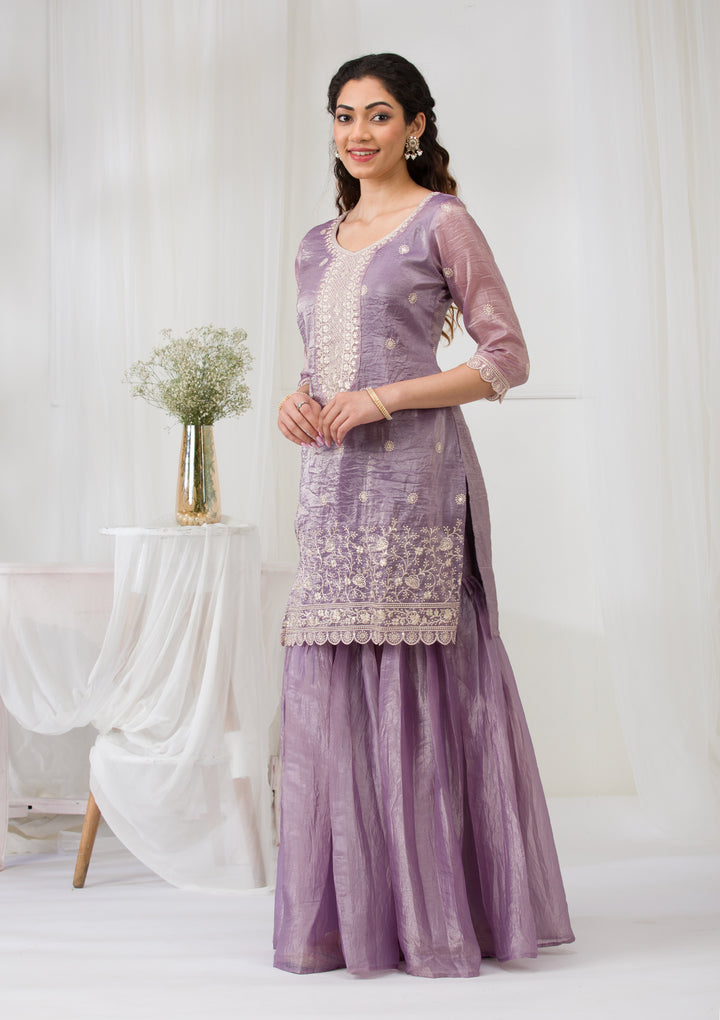 Lavender Threadwork Semi Crepe Readymade Salwar Suit
