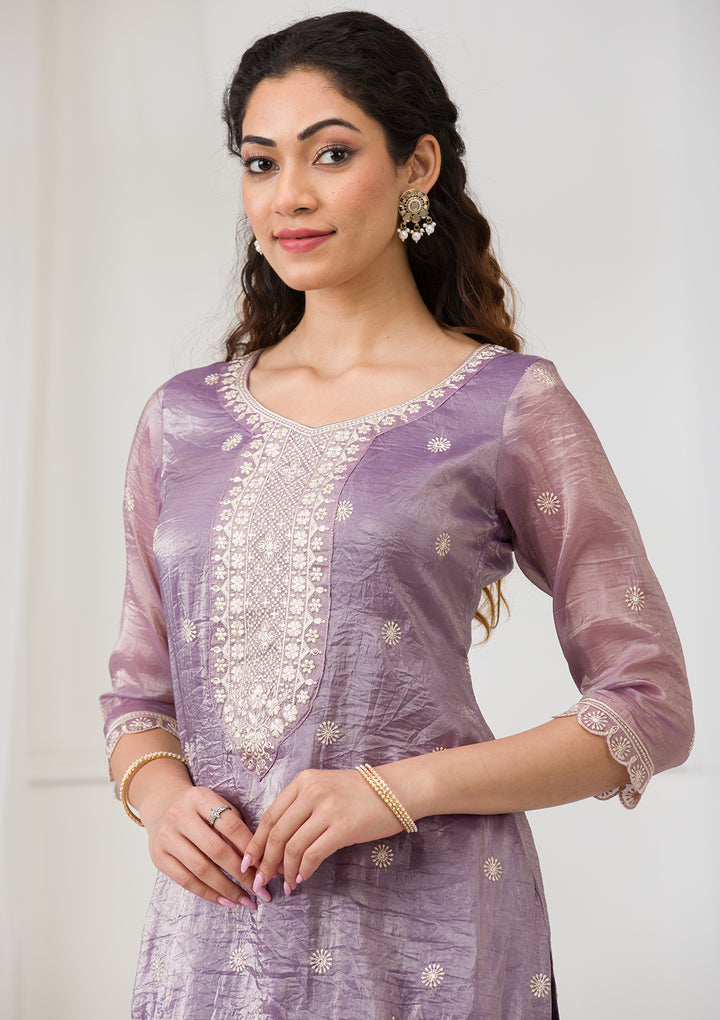 Lavender Threadwork Semi Crepe Readymade Salwar Suit