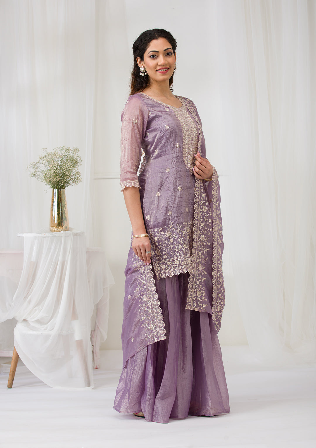 Lavender Threadwork Semi Crepe Readymade Salwar Suit