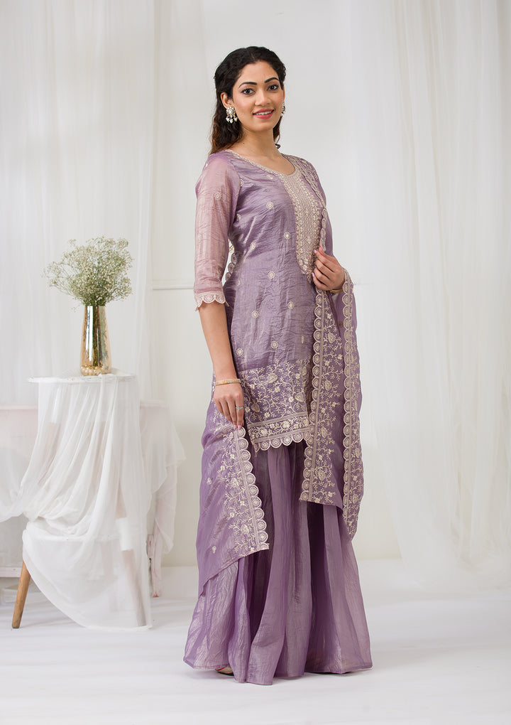 Lavender Threadwork Semi Crepe Readymade Salwar Suit