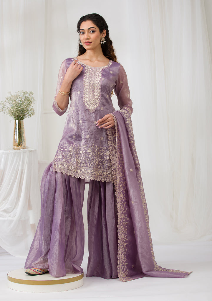Lavender Threadwork Semi Crepe Readymade Salwar Suit