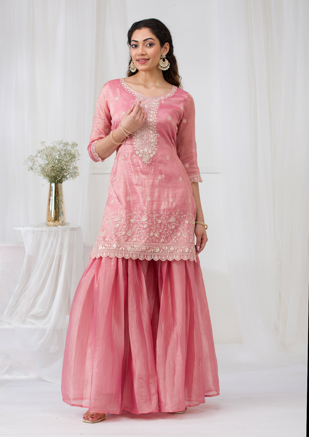 Pink Threadwork Semi Crepe Readymade Salwar Suit