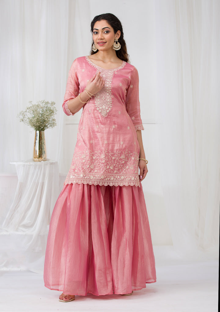 Pink Threadwork Semi Crepe Readymade Salwar Suit