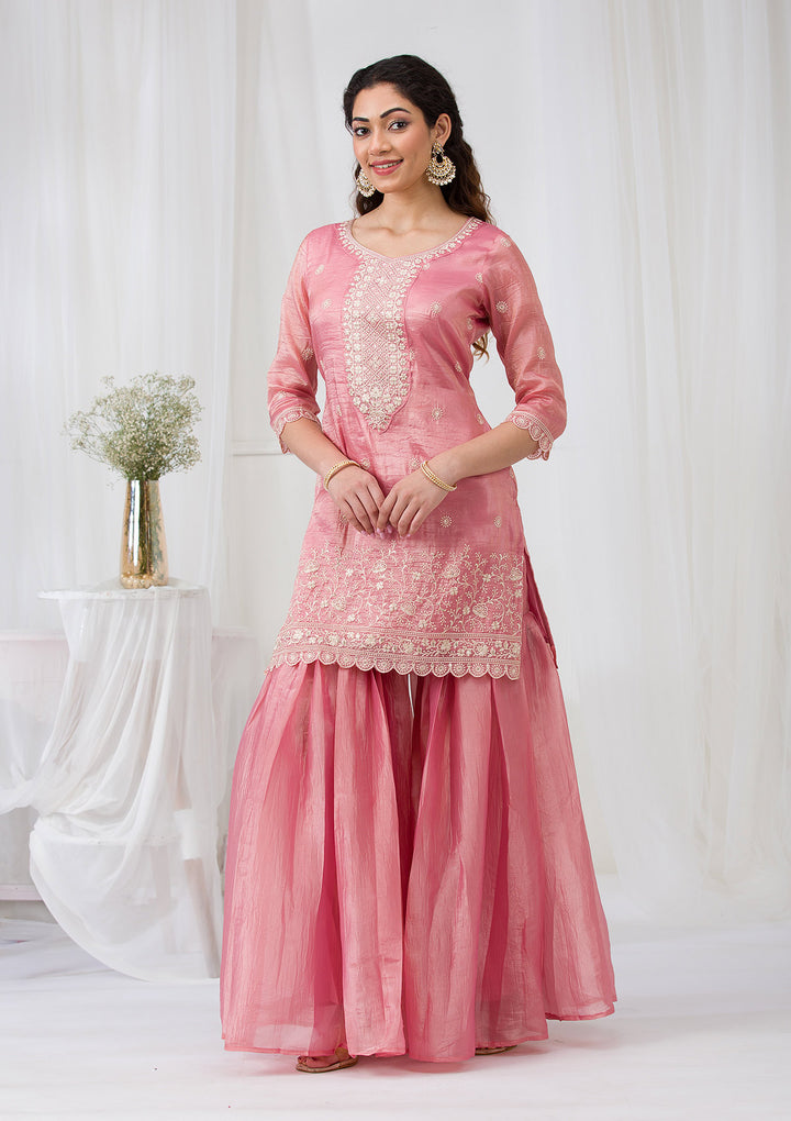 Pink Threadwork Semi Crepe Readymade Salwar Suit