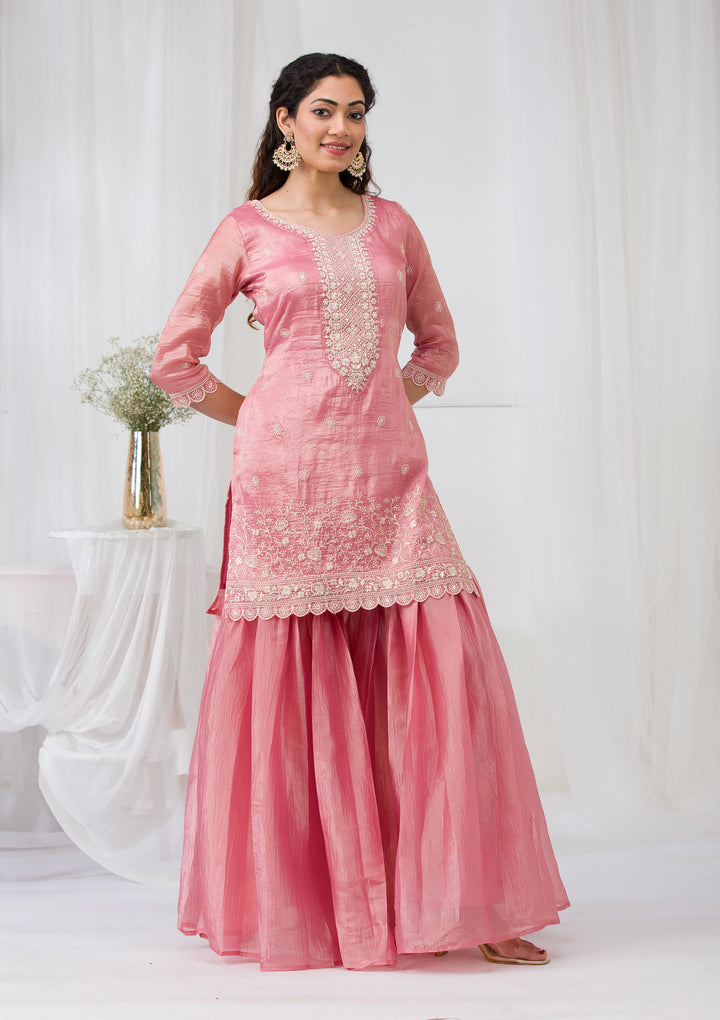 Pink Threadwork Semi Crepe Readymade Salwar Suit
