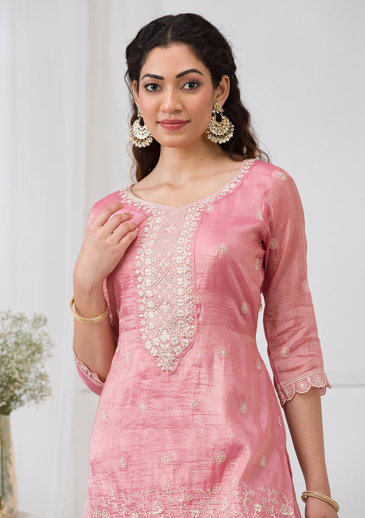 Pink Threadwork Semi Crepe Readymade Salwar Suit