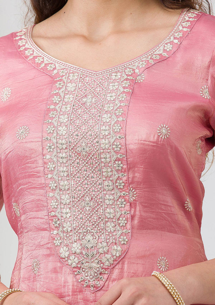 Pink Threadwork Semi Crepe Readymade Salwar Suit