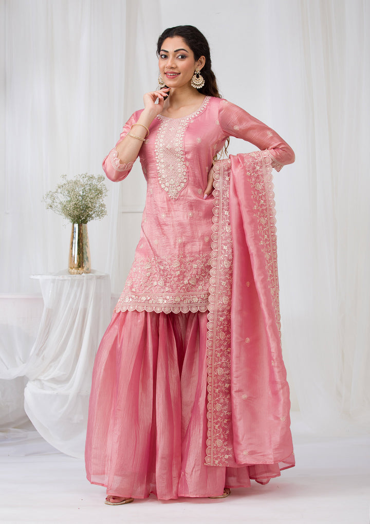 Pink Threadwork Semi Crepe Readymade Salwar Suit