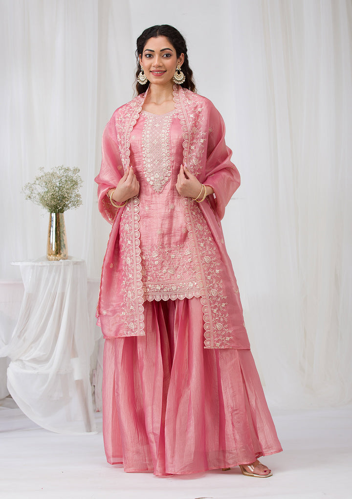 Pink Threadwork Semi Crepe Readymade Salwar Suit