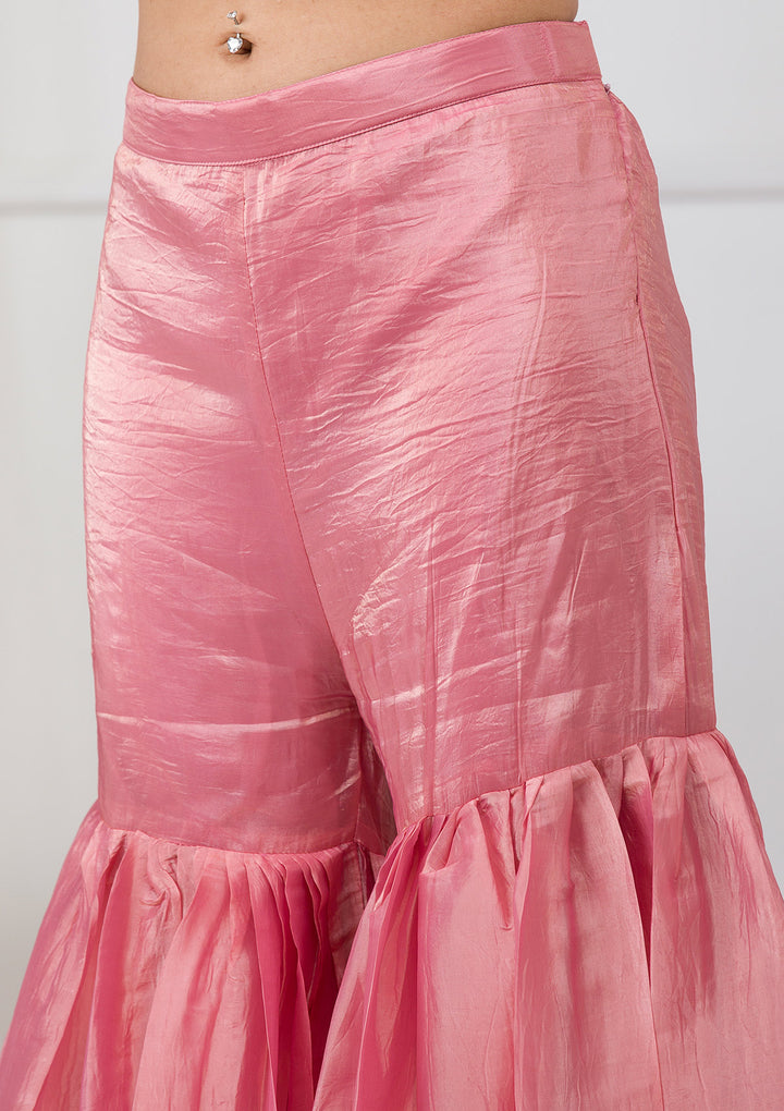 Pink Threadwork Semi Crepe Readymade Salwar Suit