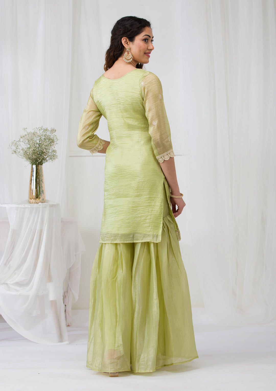 Pista Green Threadwork Semi Crepe Readymade Salwar Suit