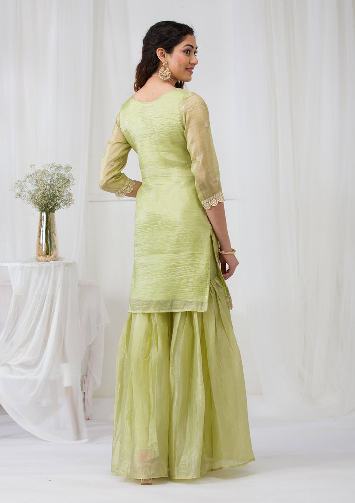 Pista Green Threadwork Semi Crepe Readymade Salwar Suit
