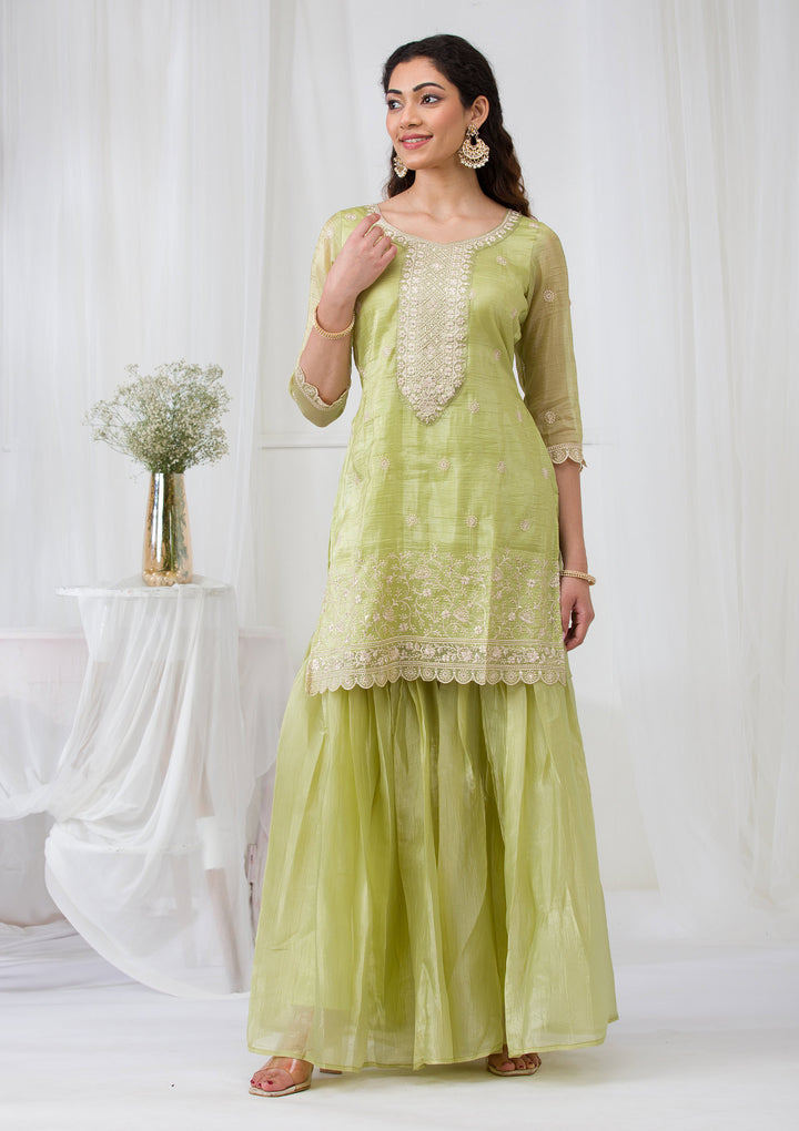 Pista Green Threadwork Semi Crepe Readymade Salwar Suit