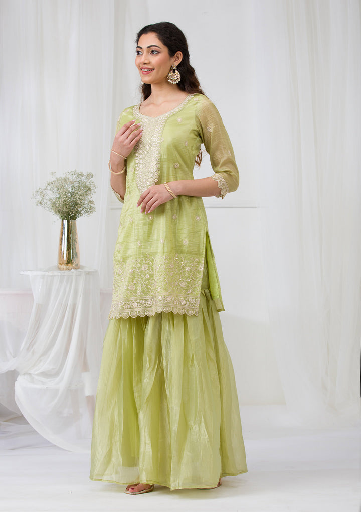 Pista Green Threadwork Semi Crepe Readymade Salwar Suit