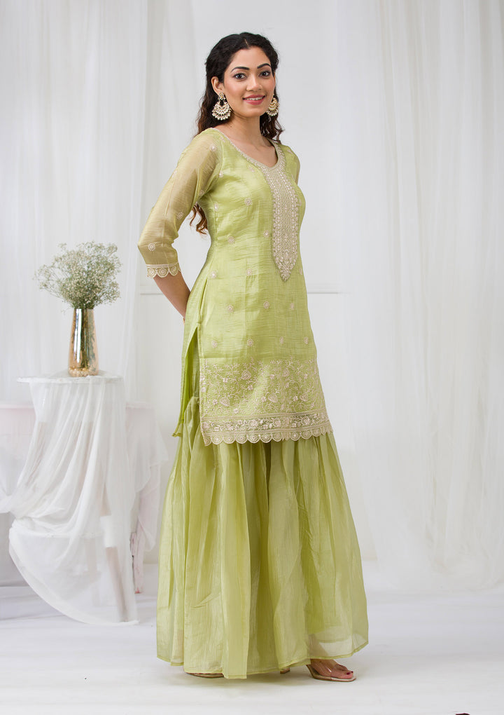 Pista Green Threadwork Semi Crepe Readymade Salwar Suit
