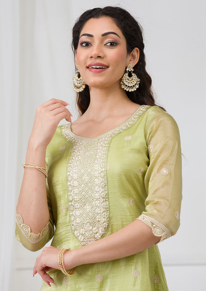 Pista Green Threadwork Semi Crepe Readymade Salwar Suit