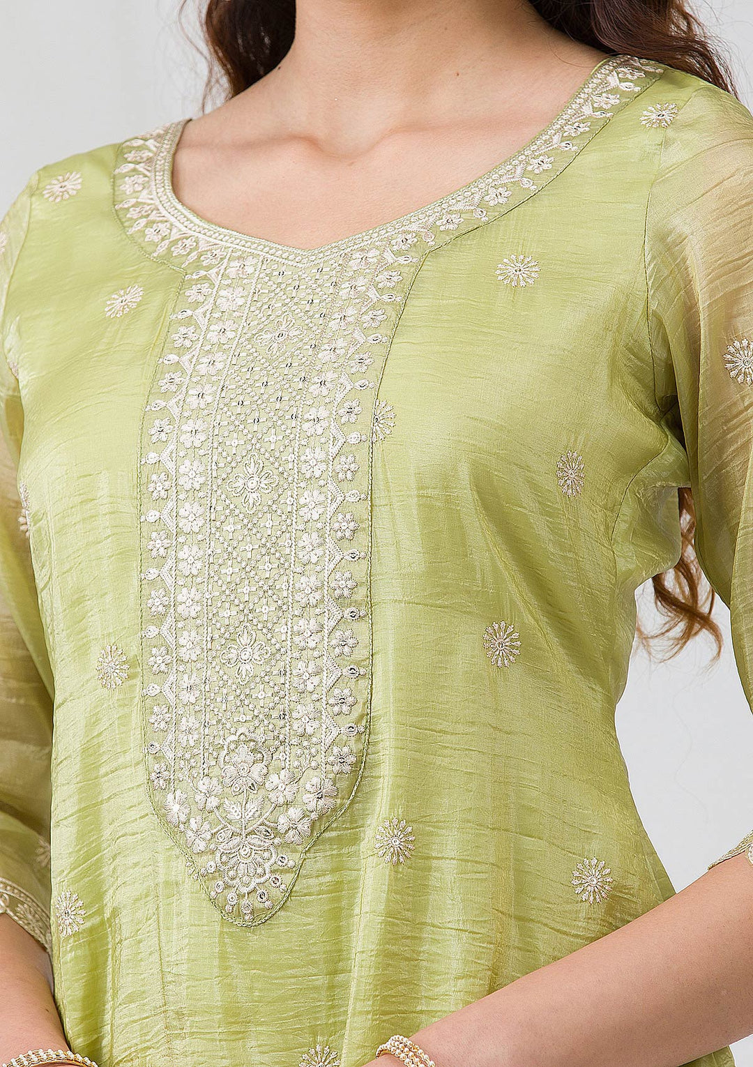 Pista Green Threadwork Semi Crepe Readymade Salwar Suit
