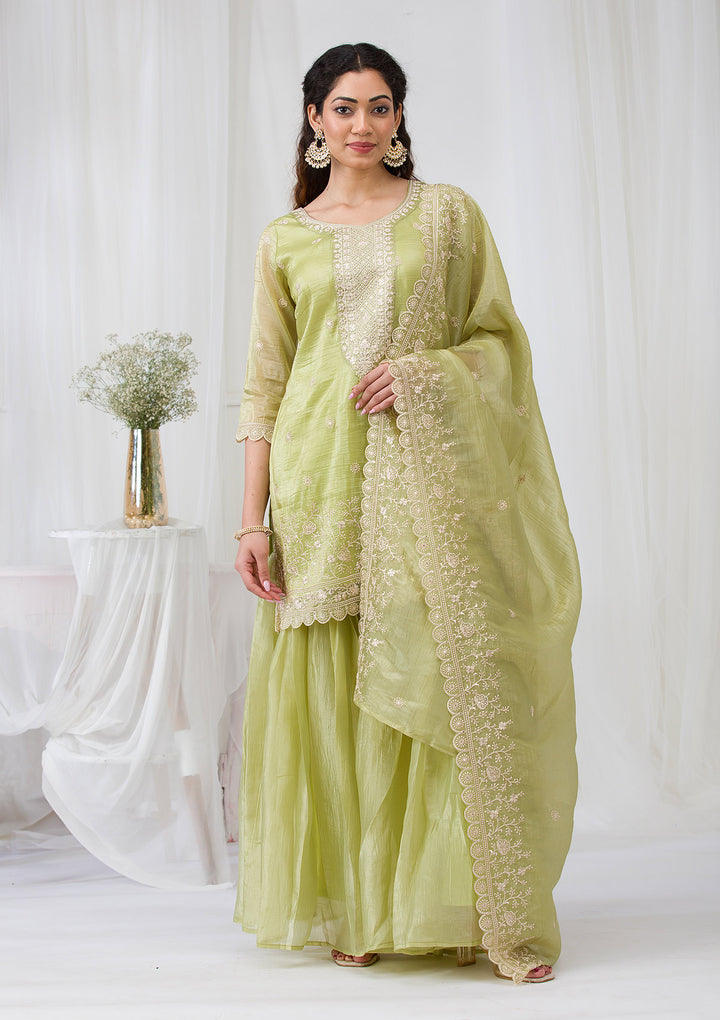 Pista Green Threadwork Semi Crepe Readymade Salwar Suit