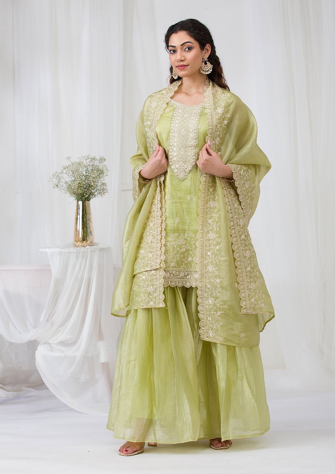 Pista Green Threadwork Semi Crepe Readymade Salwar Suit