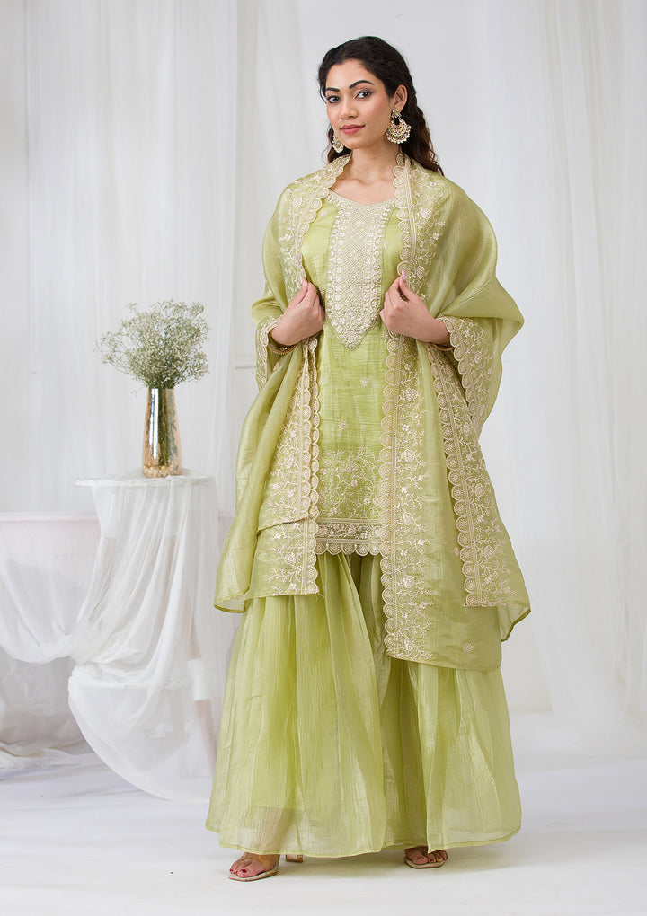 Pista Green Threadwork Semi Crepe Readymade Salwar Suit