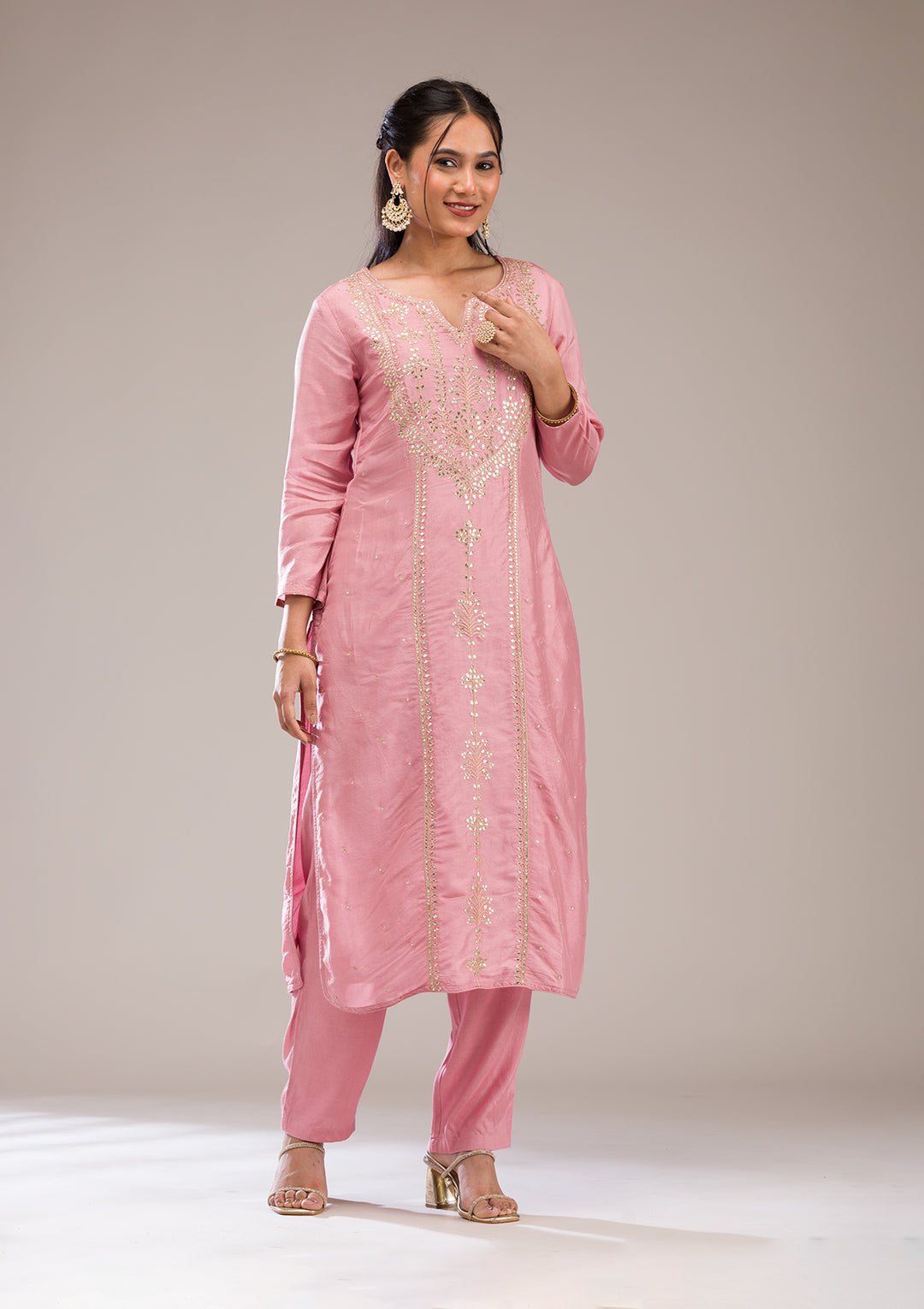 Baby Pink Gotapatti Semi Crepe Readymade Salwar Suit