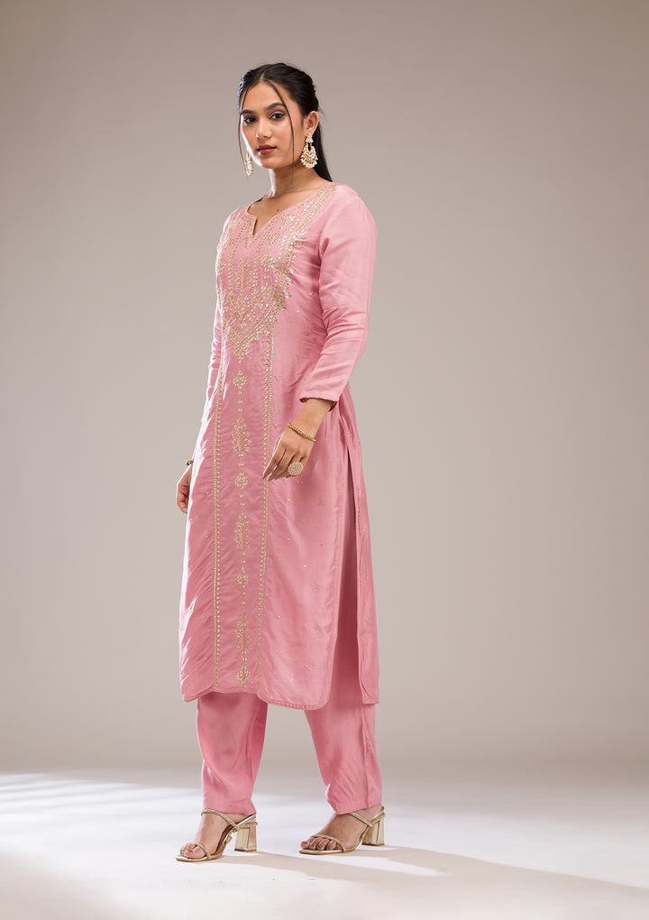 Baby Pink Gotapatti Semi Crepe Readymade Salwar Suit