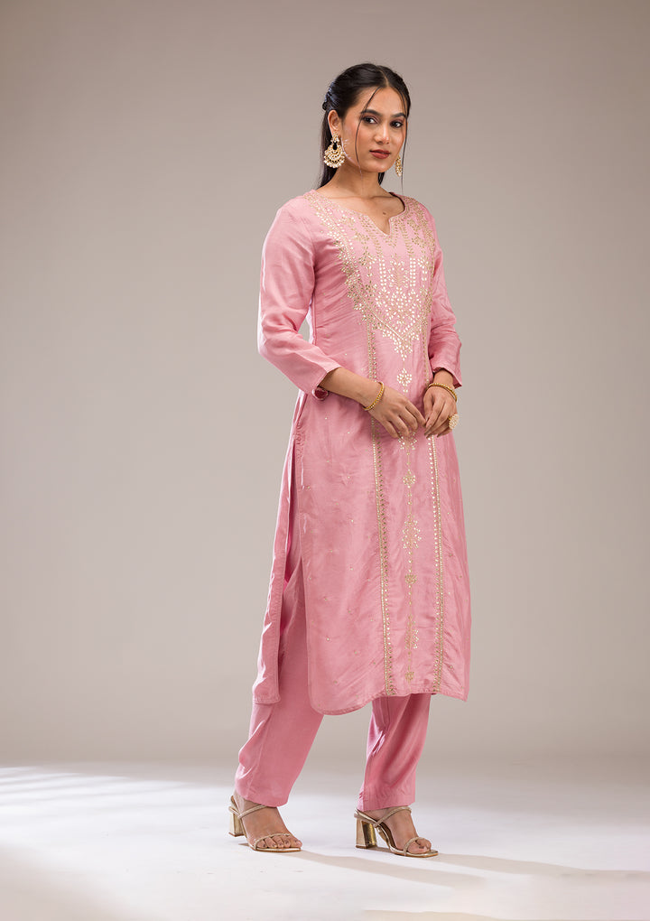 Baby Pink Gotapatti Semi Crepe Readymade Salwar Suit