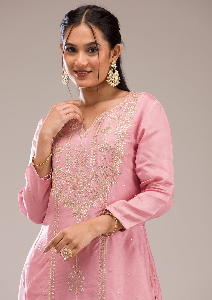 Baby Pink Gotapatti Semi Crepe Readymade Salwar Suit