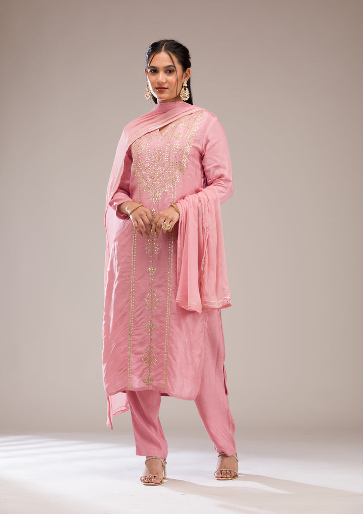 Baby Pink Gotapatti Semi Crepe Readymade Salwar Suit
