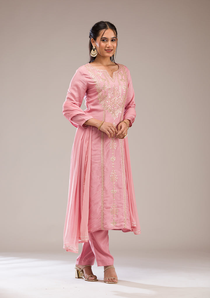 Baby Pink Gotapatti Semi Crepe Readymade Salwar Suit