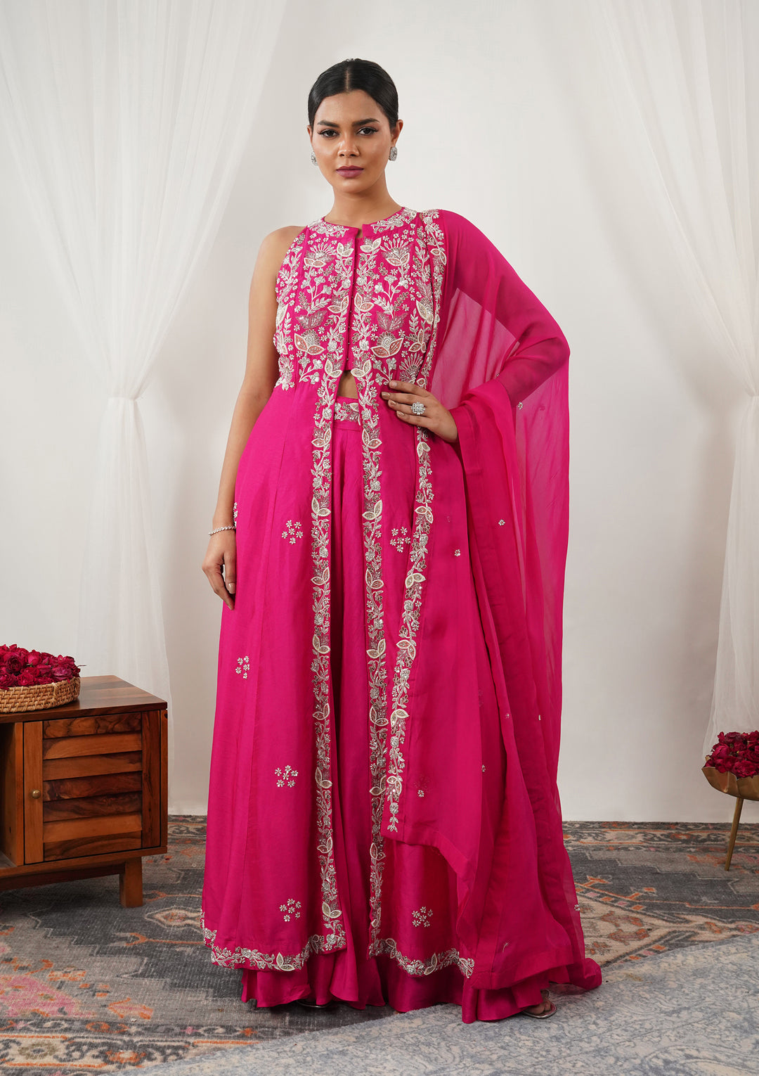Rani Pink Zariwork Semi Crepe Readymade Salwar Suit