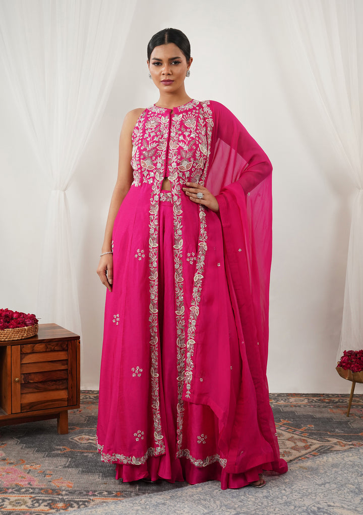 Rani Pink Zariwork Semi Crepe Readymade Salwar Suit