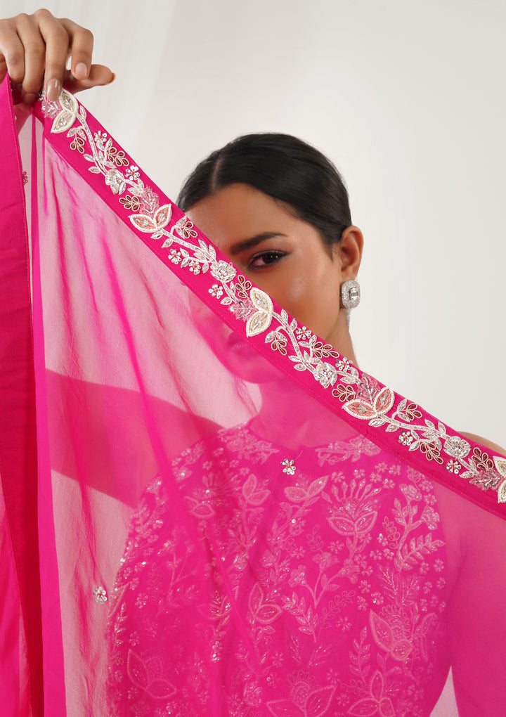 Rani Pink Zariwork Semi Crepe Readymade Salwar Suit