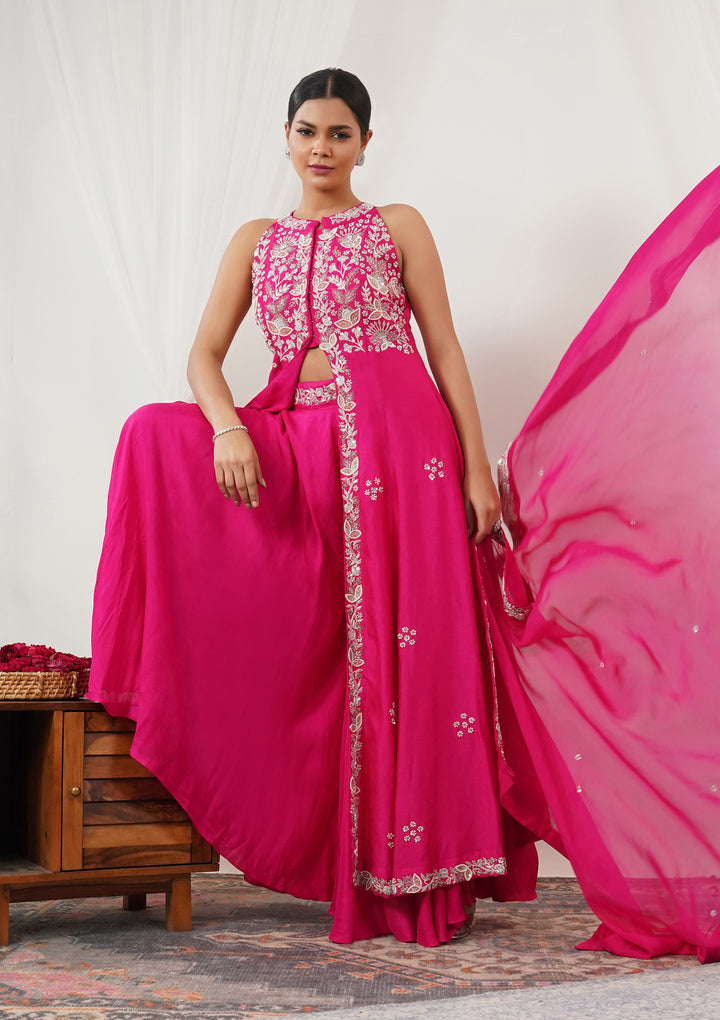 Rani Pink Zariwork Semi Crepe Readymade Salwar Suit