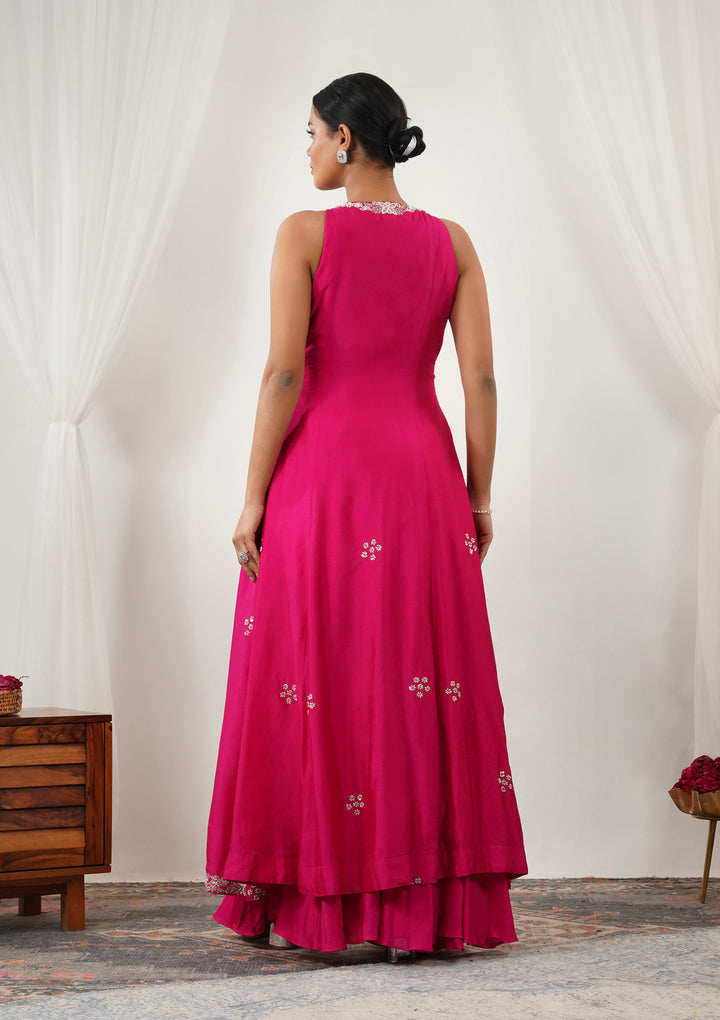 Rani Pink Zariwork Semi Crepe Readymade Salwar Suit