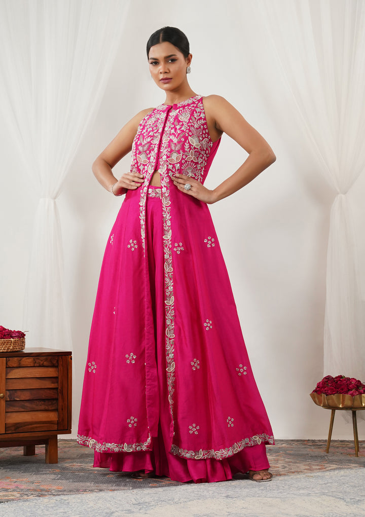 Rani Pink Zariwork Semi Crepe Readymade Salwar Suit