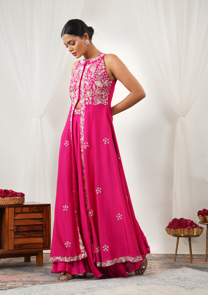 Rani Pink Zariwork Semi Crepe Readymade Salwar Suit